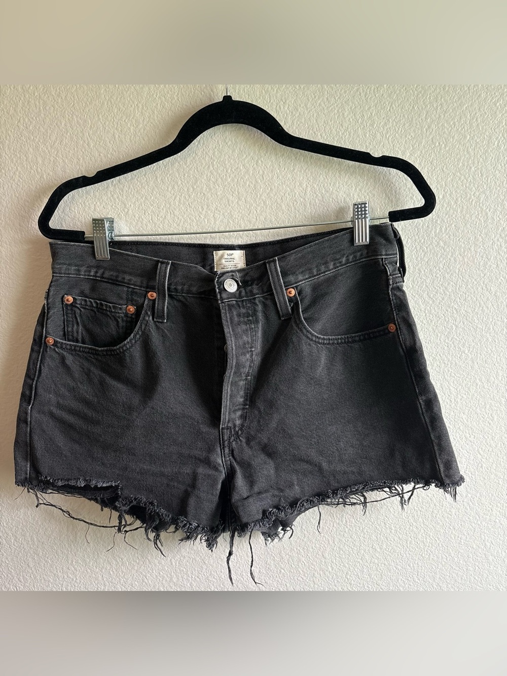 Levis 501 Original Charcoal Black Distressed Shorts